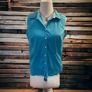𝅺st John’s Bay Blouse Size L Turquoise Button down Sleeveless